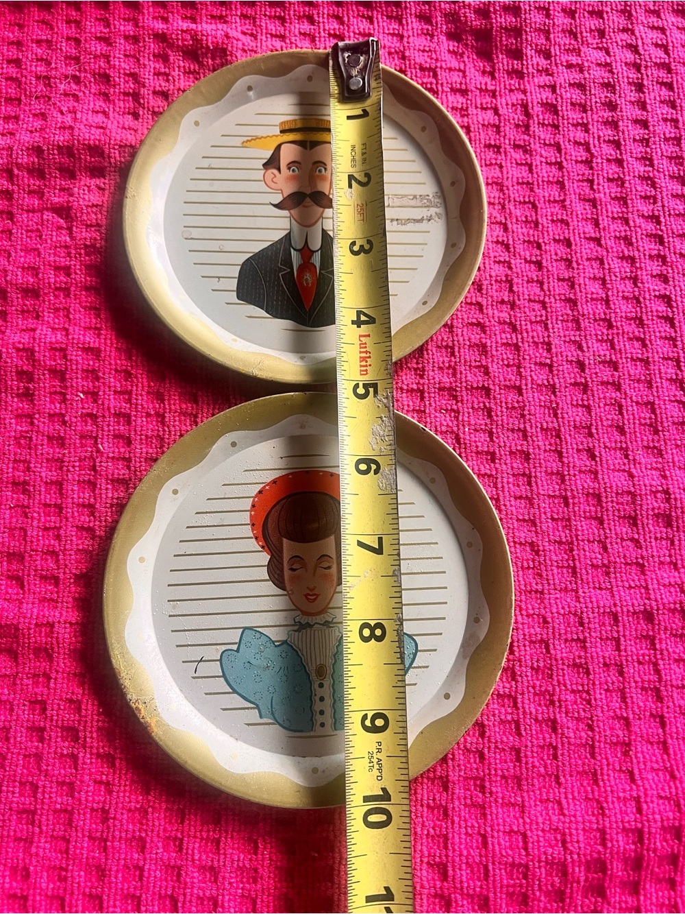 Mid-Century Tin Litho Trays Man Woman Portraits 5" Vintage Set Of Two